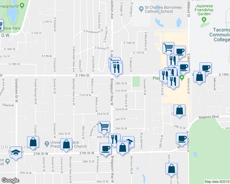 map of restaurants, bars, coffee shops, grocery stores, and more near 2105 Bridgeport Way West in University Place