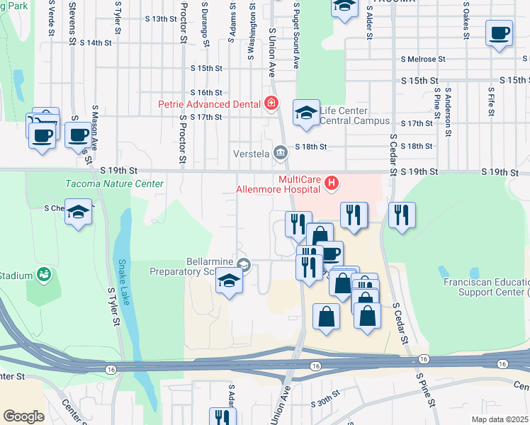 map of restaurants, bars, coffee shops, grocery stores, and more near 2010 South Union Avenue in Tacoma