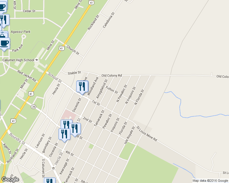 map of restaurants, bars, coffee shops, grocery stores, and more near Ahmeek Street in Calumet Township