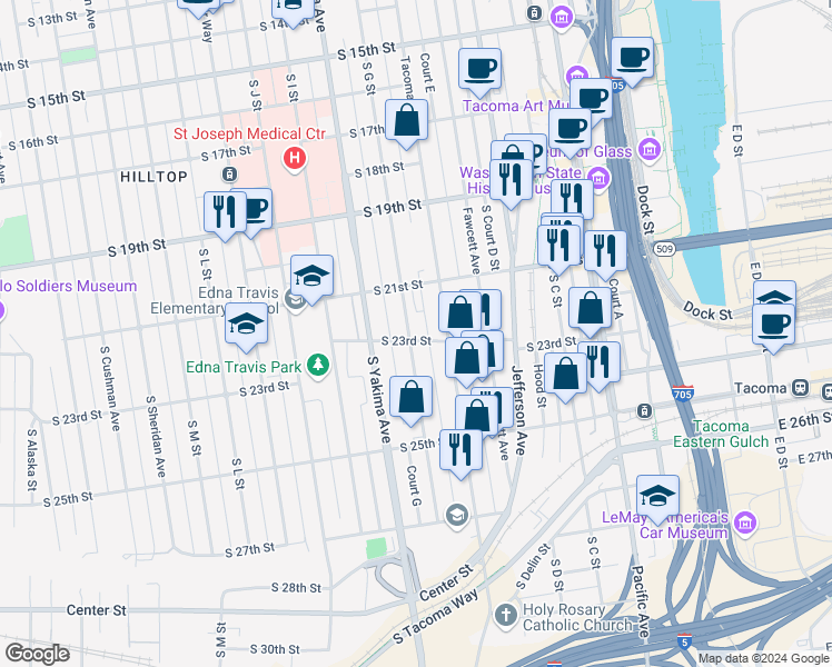 map of restaurants, bars, coffee shops, grocery stores, and more near 2139 South G Street in Tacoma