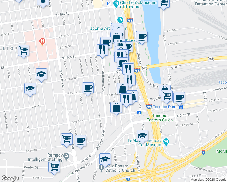 map of restaurants, bars, coffee shops, grocery stores, and more near 2210 South C Street in Tacoma