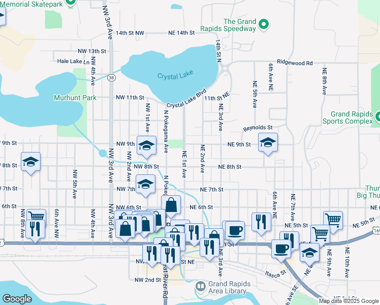 map of restaurants, bars, coffee shops, grocery stores, and more near 814 Northeast 1st Avenue in Grand Rapids
