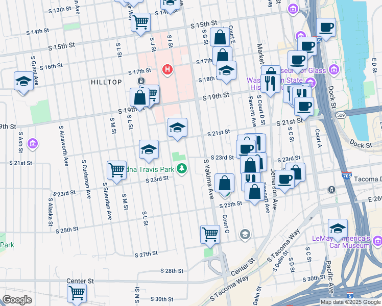map of restaurants, bars, coffee shops, grocery stores, and more near 2123 South I Street in Tacoma