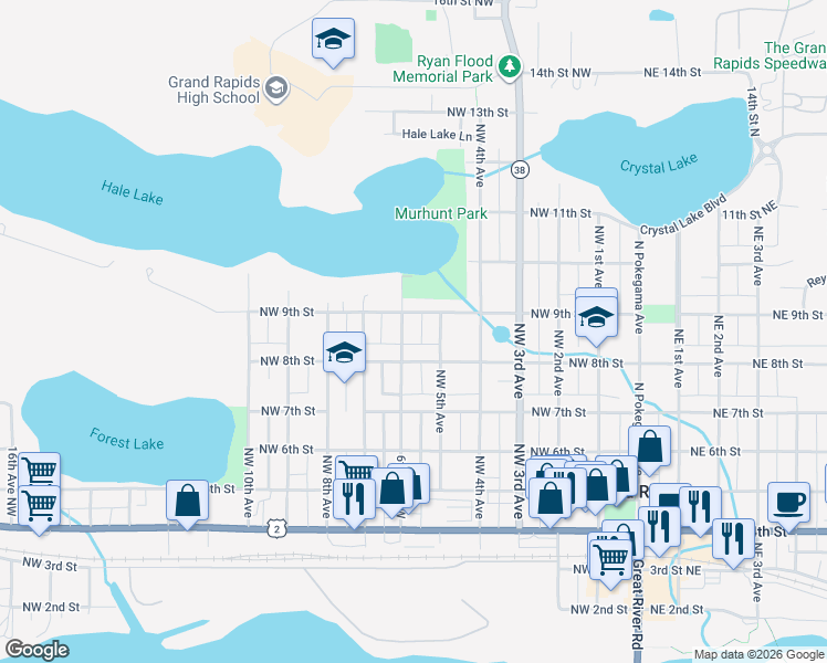 map of restaurants, bars, coffee shops, grocery stores, and more near 816 6th Avenue Northwest in Grand Rapids
