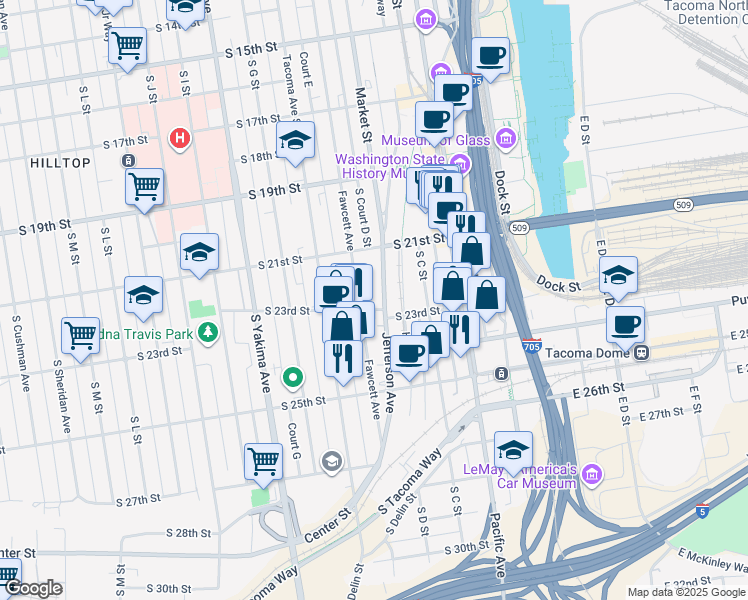 map of restaurants, bars, coffee shops, grocery stores, and more near 409 South 23rd Street in Tacoma