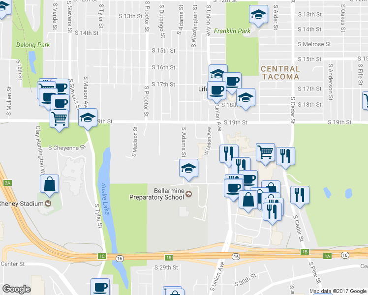 map of restaurants, bars, coffee shops, grocery stores, and more near 1947 South Adams Street in Tacoma