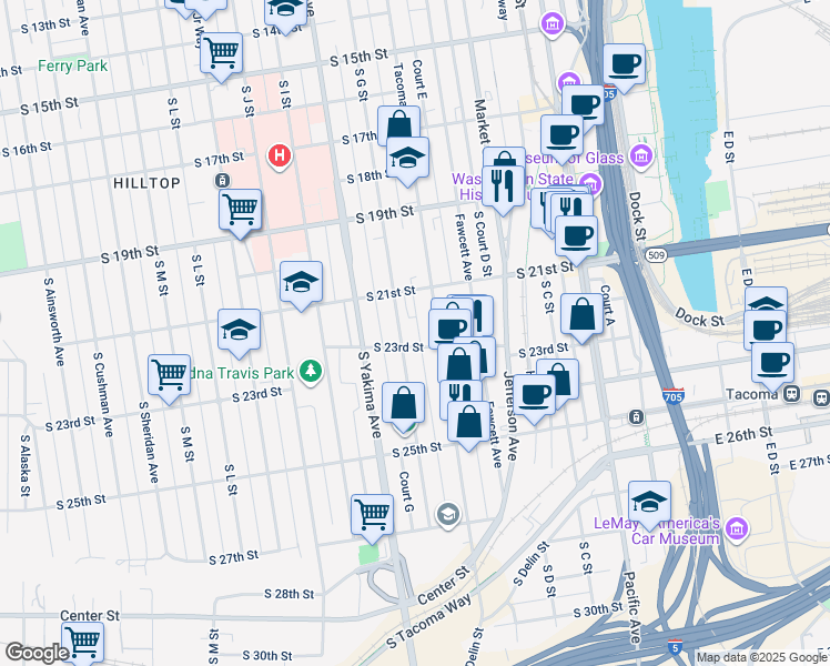 map of restaurants, bars, coffee shops, grocery stores, and more near 619 South 23rd Street in Tacoma