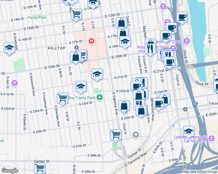 map of restaurants, bars, coffee shops, grocery stores, and more near 2186 South Yakima Avenue in Tacoma