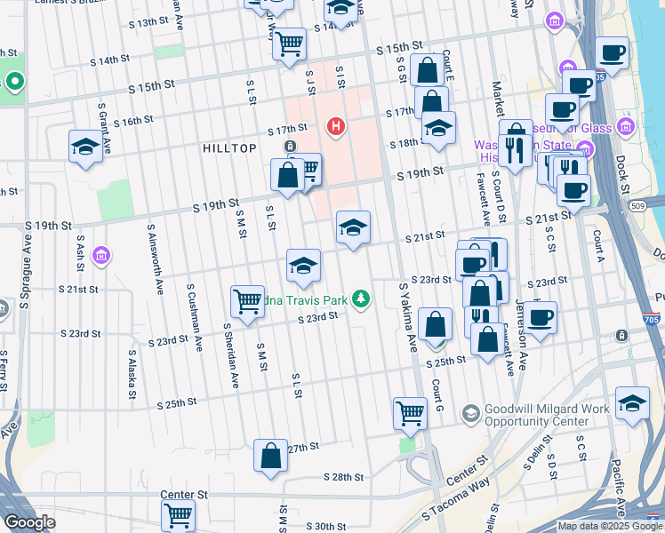 map of restaurants, bars, coffee shops, grocery stores, and more near 2110 South J Street in Tacoma