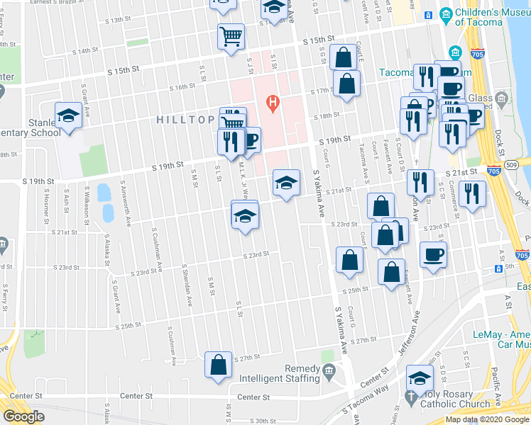 map of restaurants, bars, coffee shops, grocery stores, and more near 2122 South J Street in Tacoma