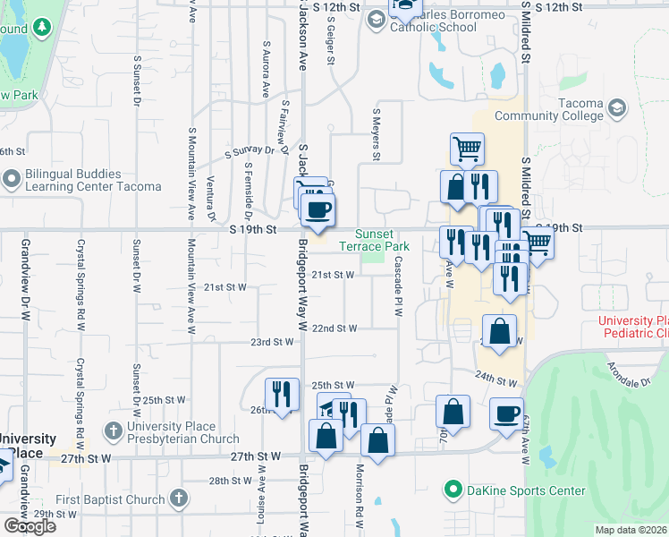map of restaurants, bars, coffee shops, grocery stores, and more near 2109 Seaview Street West in University Place