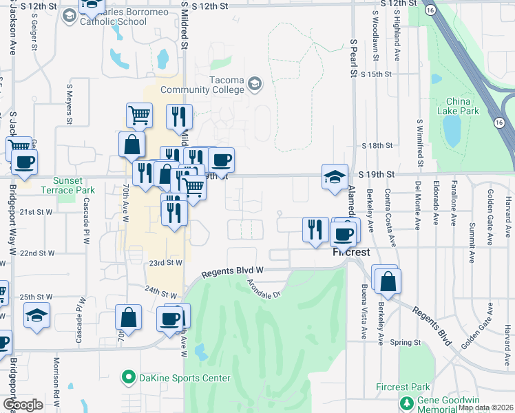 map of restaurants, bars, coffee shops, grocery stores, and more near 6462 19th Street West in Fircrest
