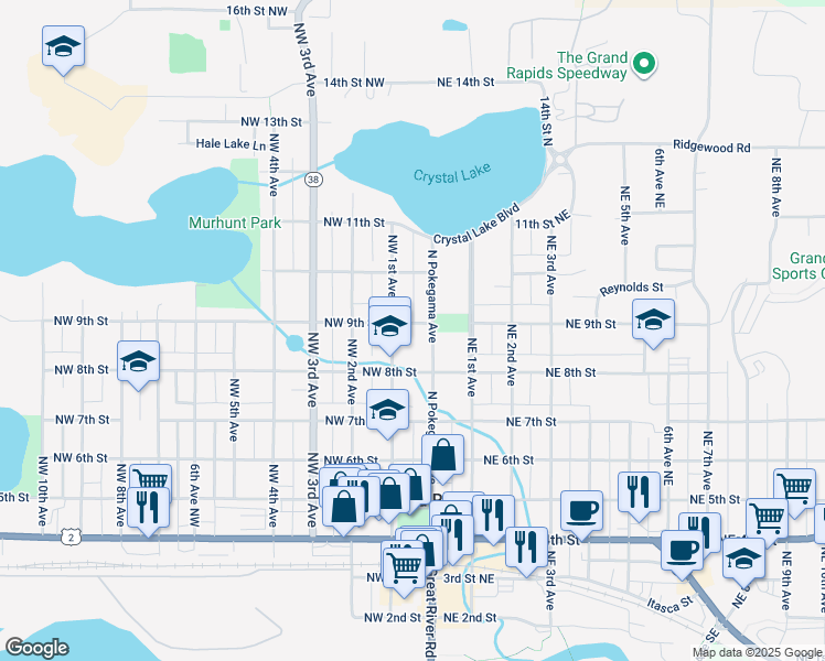 map of restaurants, bars, coffee shops, grocery stores, and more near 820 Northwest 1st Avenue in Grand Rapids