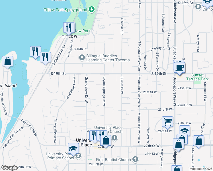 map of restaurants, bars, coffee shops, grocery stores, and more near 2011 Crystal Springs Road West in Tacoma