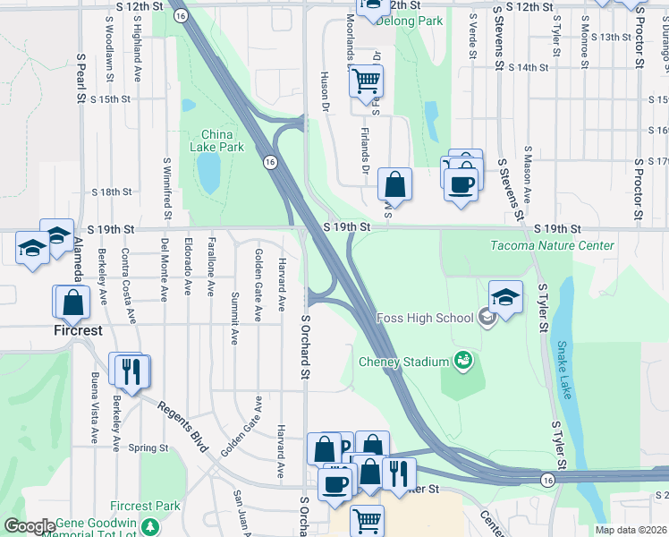 map of restaurants, bars, coffee shops, grocery stores, and more near 2368 Highway 16 in Tacoma