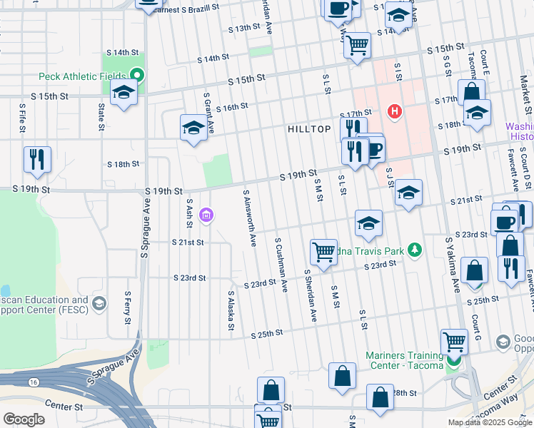 map of restaurants, bars, coffee shops, grocery stores, and more near in Tacoma