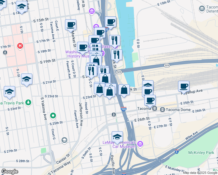 map of restaurants, bars, coffee shops, grocery stores, and more near Interstate 705 in Tacoma