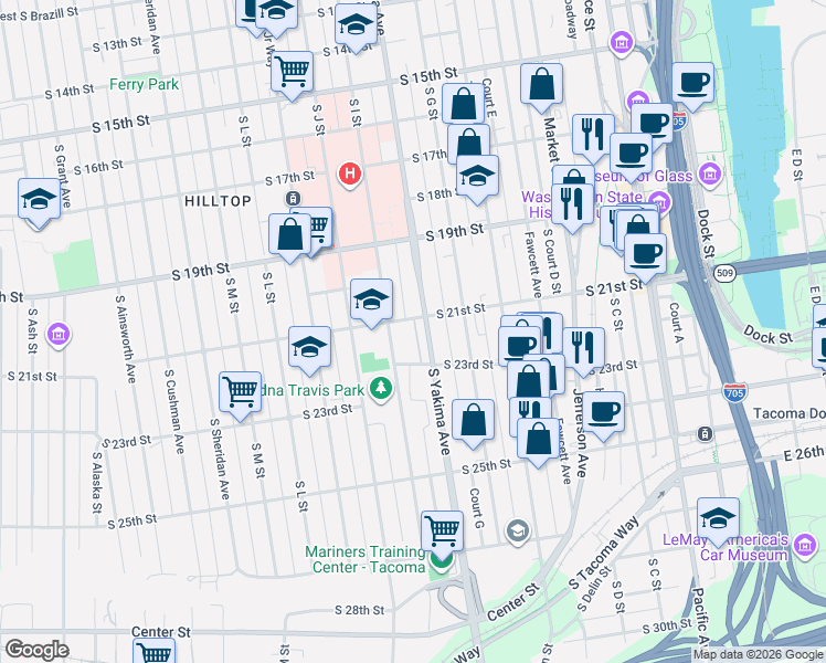 map of restaurants, bars, coffee shops, grocery stores, and more near 1951 South Yakima Avenue in Tacoma