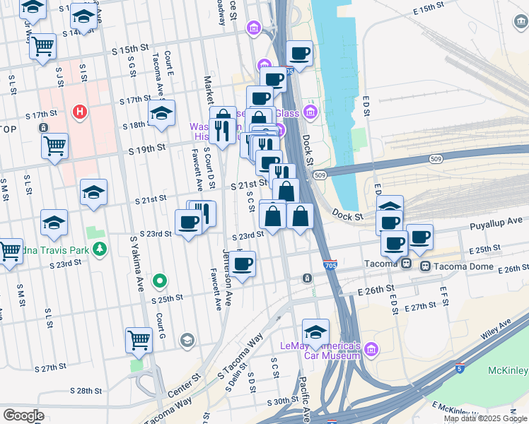 map of restaurants, bars, coffee shops, grocery stores, and more near in Tacoma