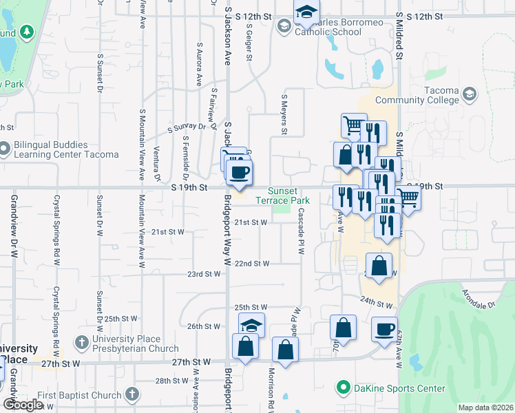 map of restaurants, bars, coffee shops, grocery stores, and more near 7322 19th Street West in University Place