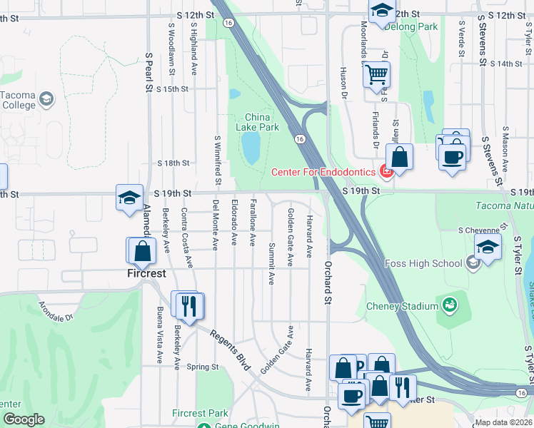 map of restaurants, bars, coffee shops, grocery stores, and more near 231 Columbia Avenue in Fircrest
