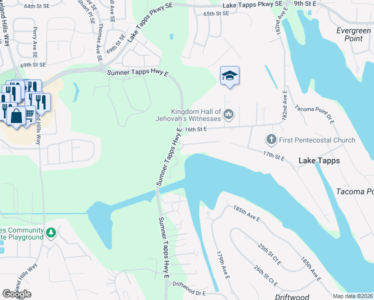 map of restaurants, bars, coffee shops, grocery stores, and more near 17503 16th Street Court East in Lake Tapps