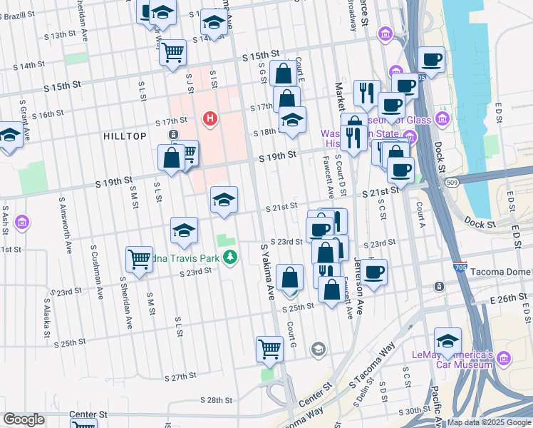 map of restaurants, bars, coffee shops, grocery stores, and more near 716 South 21st Street in Tacoma