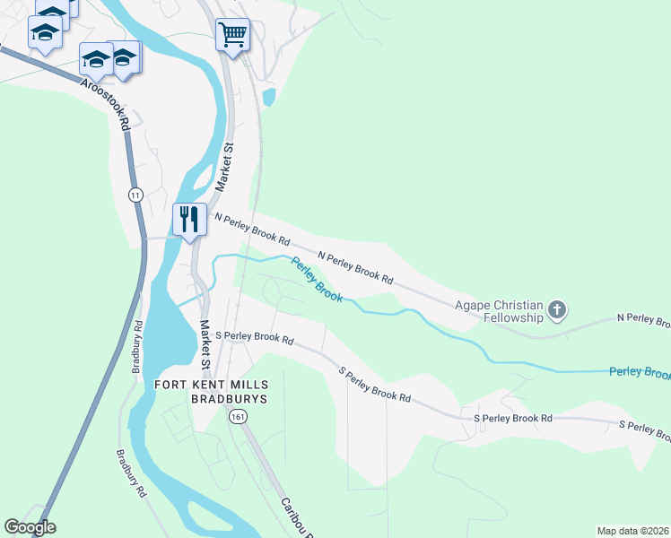 map of restaurants, bars, coffee shops, grocery stores, and more near 70 North Perley Brook Road in Fort Kent