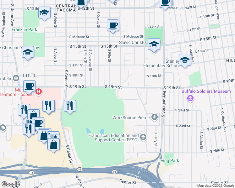 map of restaurants, bars, coffee shops, grocery stores, and more near 2320 South 19th Street in Tacoma