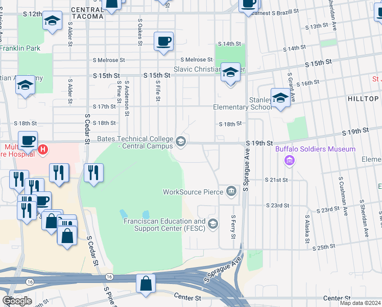 map of restaurants, bars, coffee shops, grocery stores, and more near 2320 South 19th Street in Tacoma