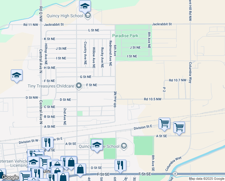 map of restaurants, bars, coffee shops, grocery stores, and more near 525 E Street Northeast in Quincy