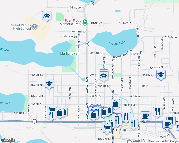map of restaurants, bars, coffee shops, grocery stores, and more near 916 Northwest 3rd Avenue in Grand Rapids