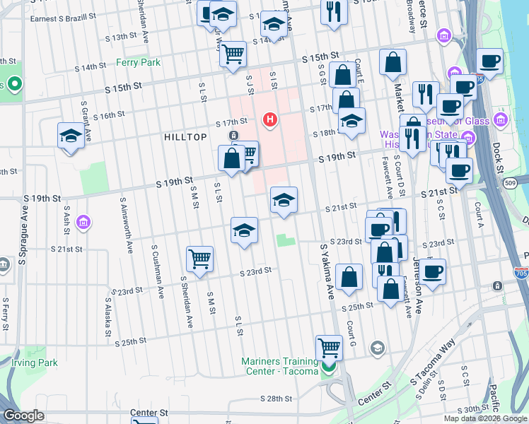 map of restaurants, bars, coffee shops, grocery stores, and more near 2005 South J Street in Tacoma