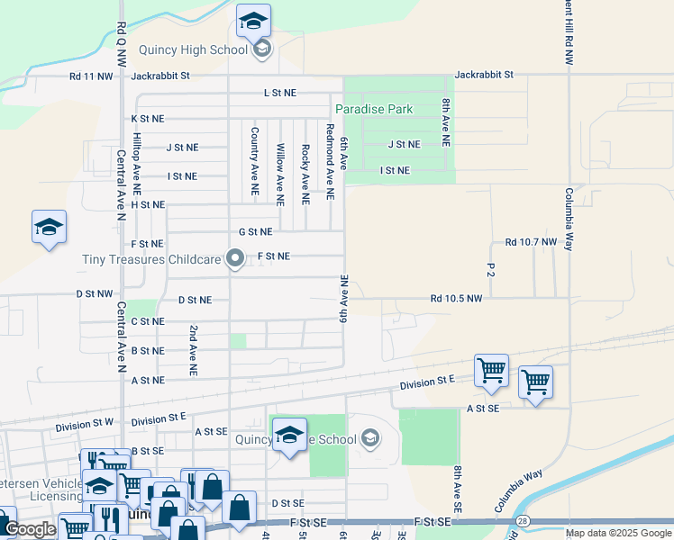 map of restaurants, bars, coffee shops, grocery stores, and more near 525 E Street Northeast in Quincy