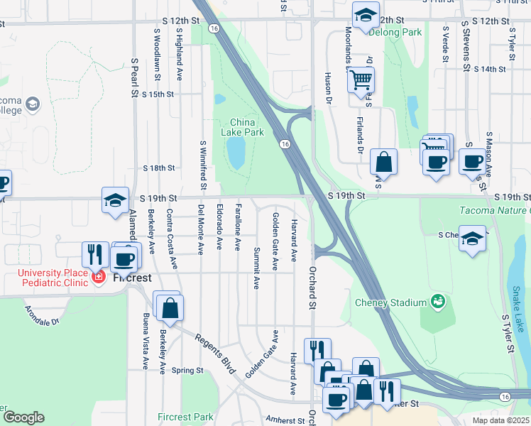map of restaurants, bars, coffee shops, grocery stores, and more near 231 Columbia Avenue in Fircrest