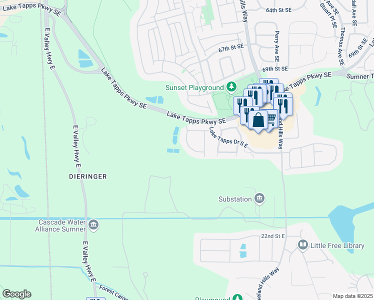 map of restaurants, bars, coffee shops, grocery stores, and more near 822 72nd Street Southeast in Auburn