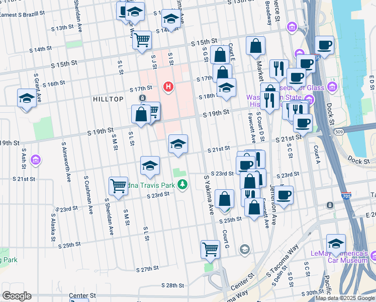 map of restaurants, bars, coffee shops, grocery stores, and more near 1945 South I Street in Tacoma