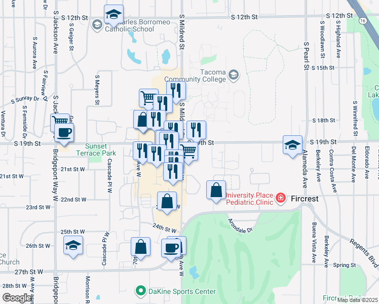 map of restaurants, bars, coffee shops, grocery stores, and more near in Tacoma