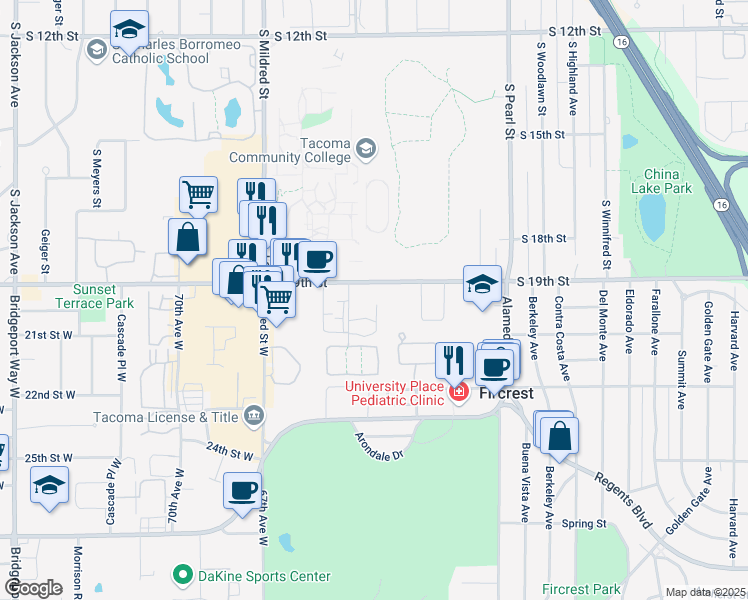 map of restaurants, bars, coffee shops, grocery stores, and more near 6314 19th Street West in Fircrest