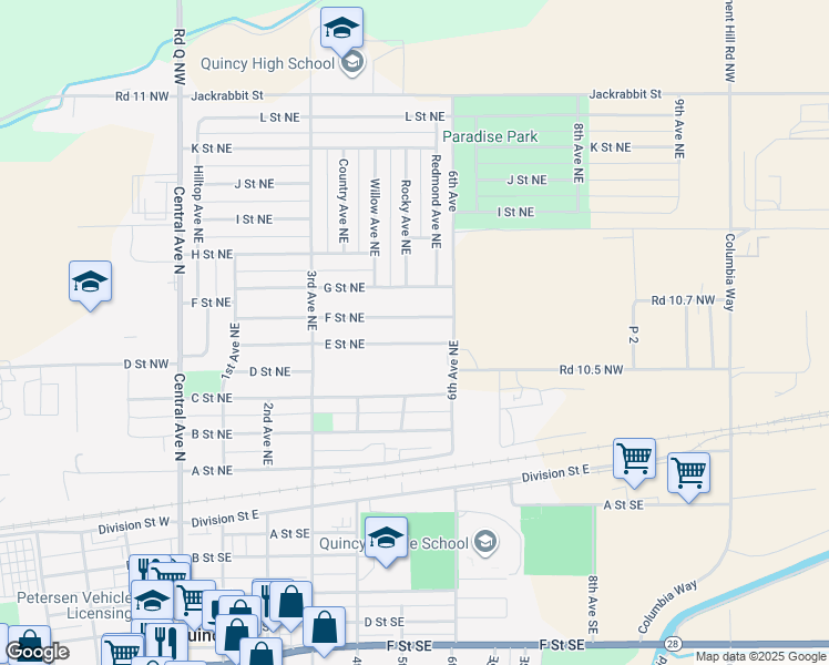 map of restaurants, bars, coffee shops, grocery stores, and more near 507 E Street Northeast in Quincy
