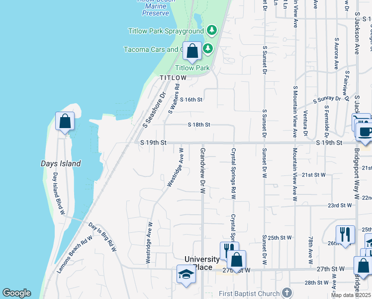 map of restaurants, bars, coffee shops, grocery stores, and more near 8514 19th Street West in Tacoma