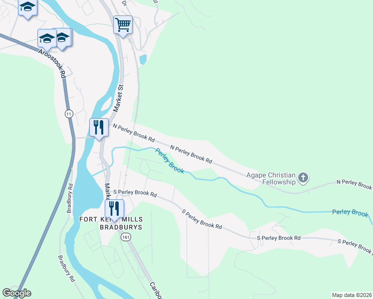 map of restaurants, bars, coffee shops, grocery stores, and more near 70 North Perley Brook Road in Fort Kent
