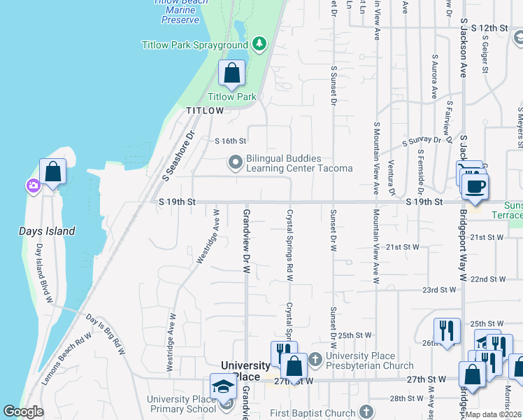map of restaurants, bars, coffee shops, grocery stores, and more near 1901 Grandview Drive West in Tacoma
