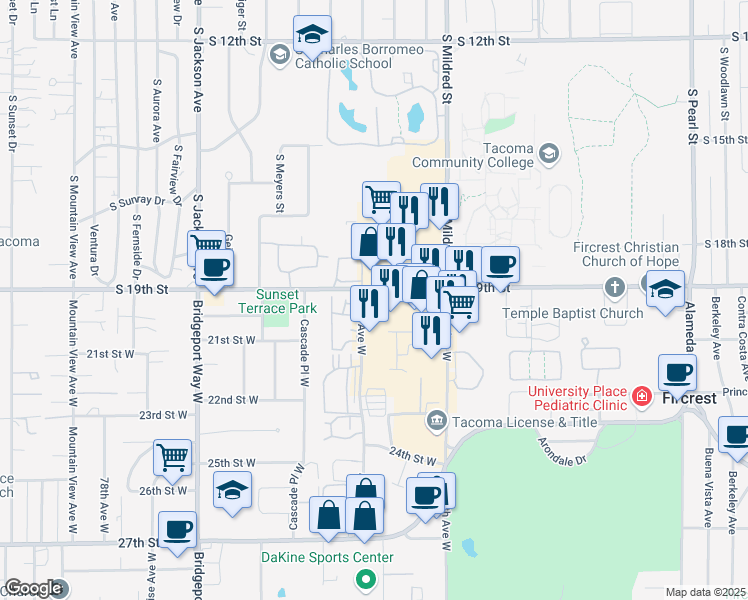 map of restaurants, bars, coffee shops, grocery stores, and more near 6916 19th Street West in University Place