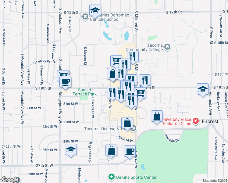 map of restaurants, bars, coffee shops, grocery stores, and more near 6916 19th Street West in University Place