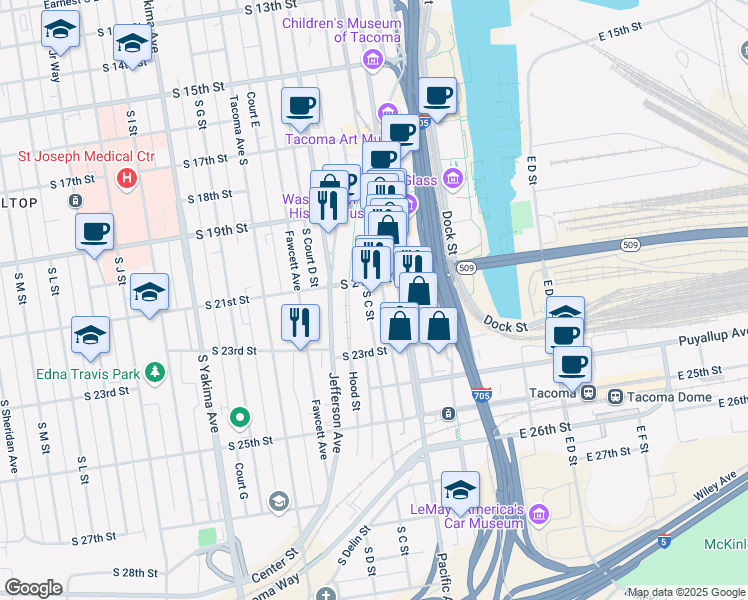 map of restaurants, bars, coffee shops, grocery stores, and more near in Tacoma