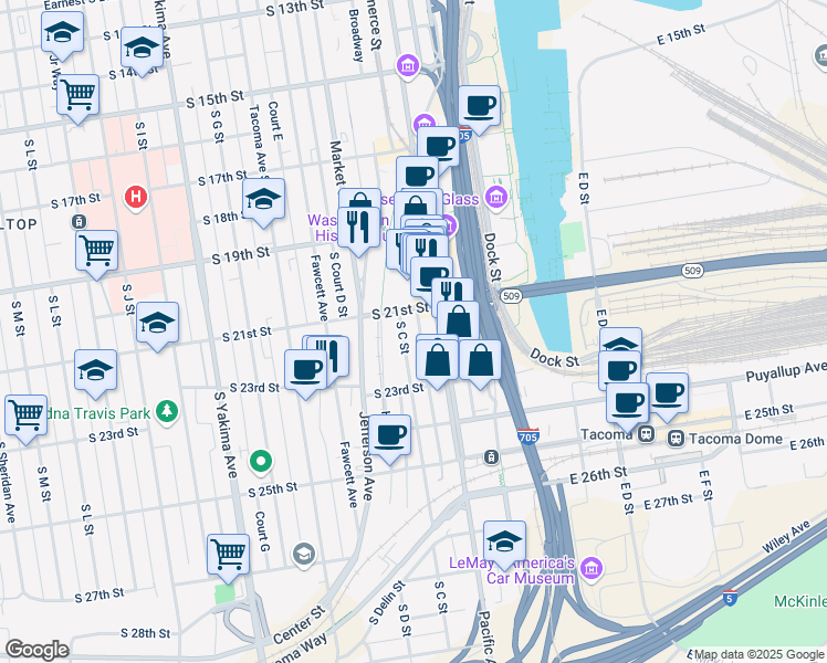 map of restaurants, bars, coffee shops, grocery stores, and more near in Tacoma