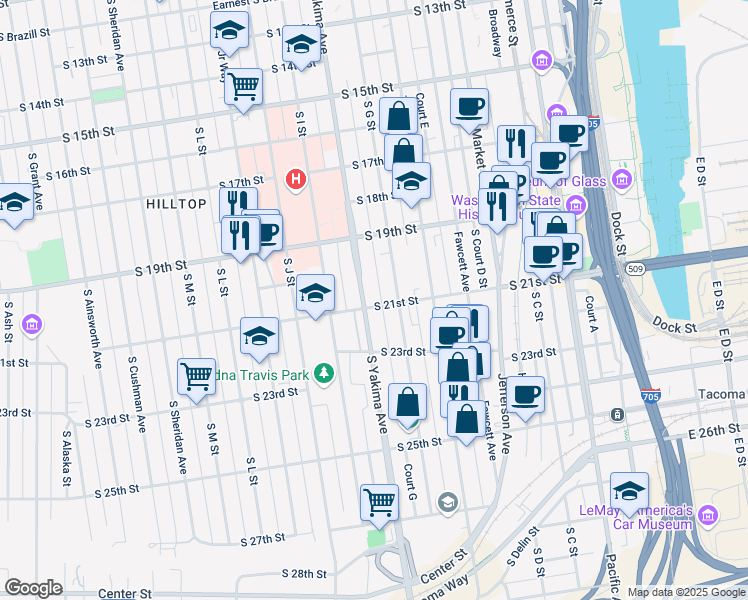map of restaurants, bars, coffee shops, grocery stores, and more near 1951 South Yakima Avenue in Tacoma