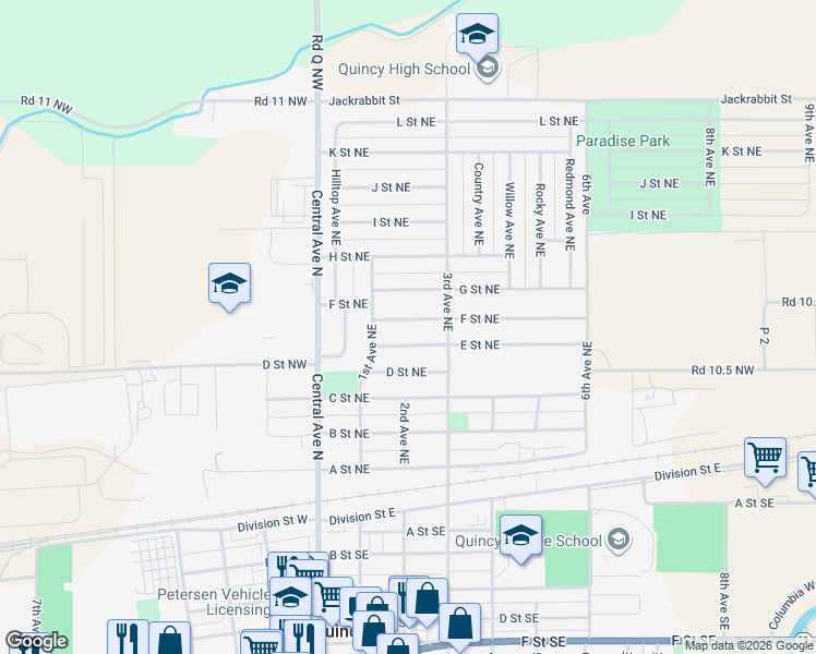 map of restaurants, bars, coffee shops, grocery stores, and more near 126 F Street Northeast in Quincy