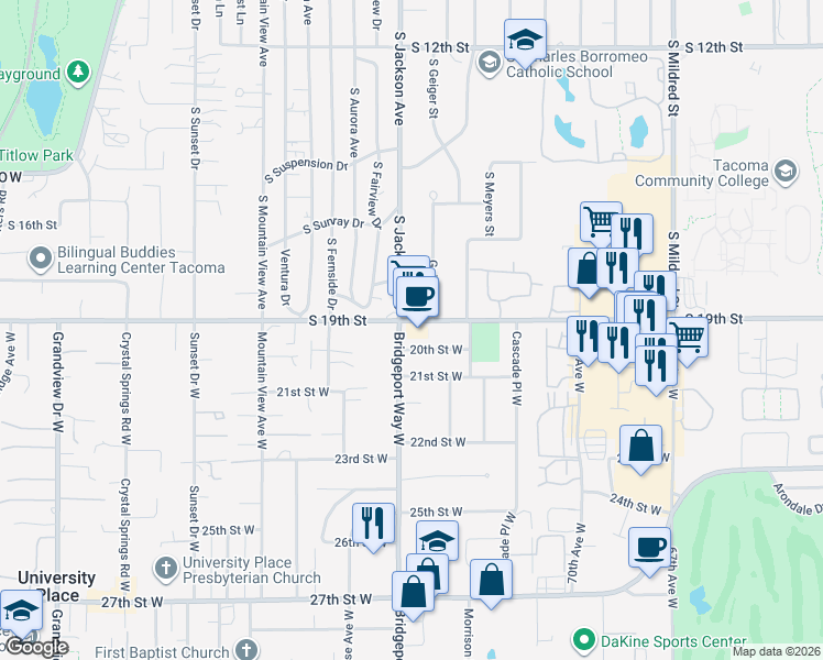 map of restaurants, bars, coffee shops, grocery stores, and more near 1905 Bridgeport Way West in University Place